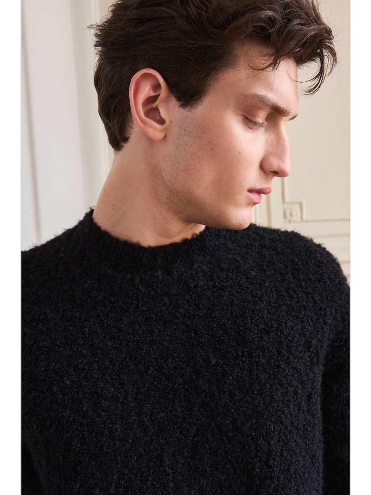 Black Relaxed Fit Bouclé Texture Crew Jumper With Wool - Image 1 of 7