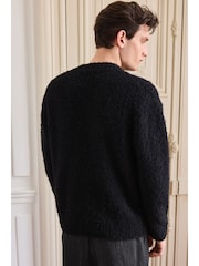 Black Relaxed Fit Bouclé Texture Crew Jumper With Wool - Image 3 of 7