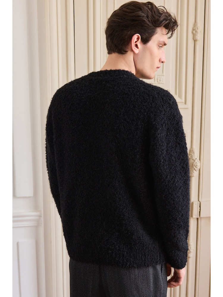 Black Relaxed Fit Bouclé Texture Crew Jumper With Wool - Image 3 of 7