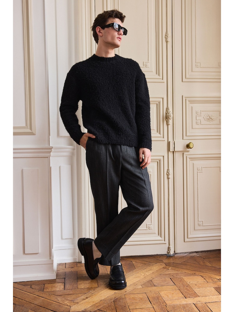 Black Relaxed Fit Bouclé Texture Crew Jumper With Wool - Image 4 of 7