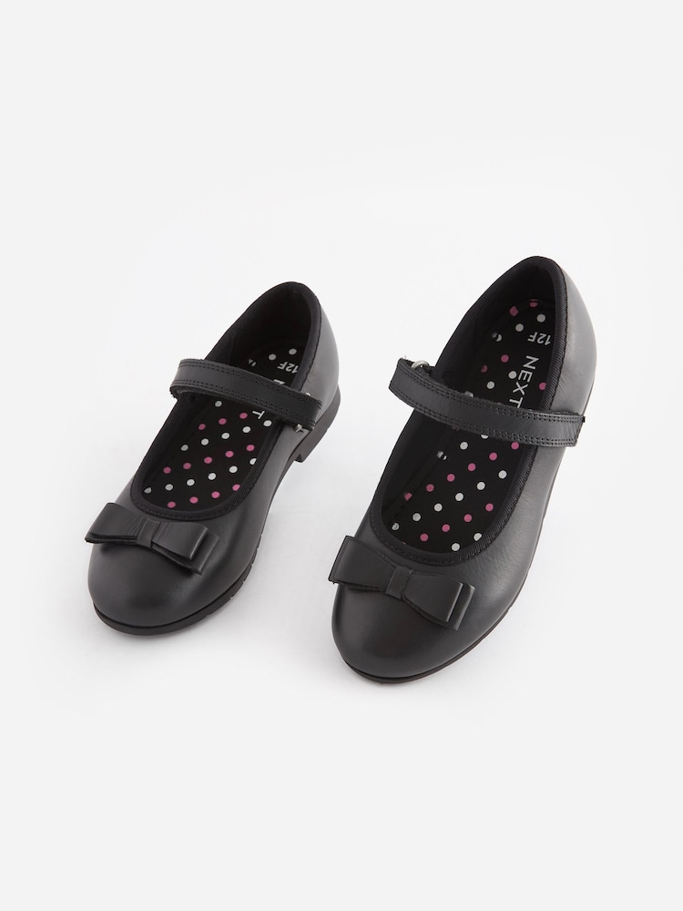 Black Matt Standard Fit (F) School Leather Bow Mary Jane Shoes - Image 1 of 16