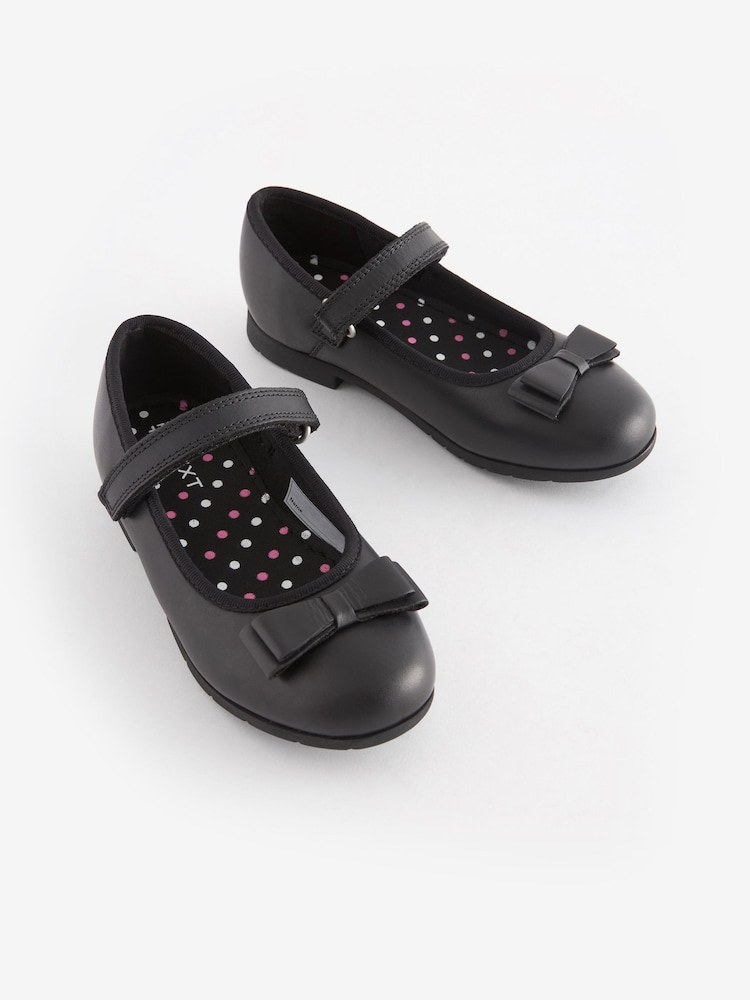 Black Matt Standard Fit (F) School Leather Bow Mary Jane Shoes - Image 2 of 16