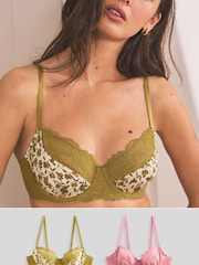 Green Floral Print/Rose Pink 2 Pack Non Pad Full Cup Bras - Image 1 of 12