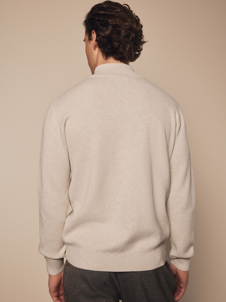 Oatmeal Marl Plain Regular Fit 100% Cotton Premium Quarter Zip Jumper - Image 3 of 7