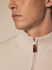Oatmeal Marl Plain Regular Fit 100% Cotton Premium Quarter Zip Jumper - Image 4 of 7