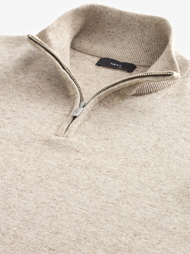 Oatmeal Marl Plain Regular Fit 100% Cotton Premium Quarter Zip Jumper - Image 6 of 7