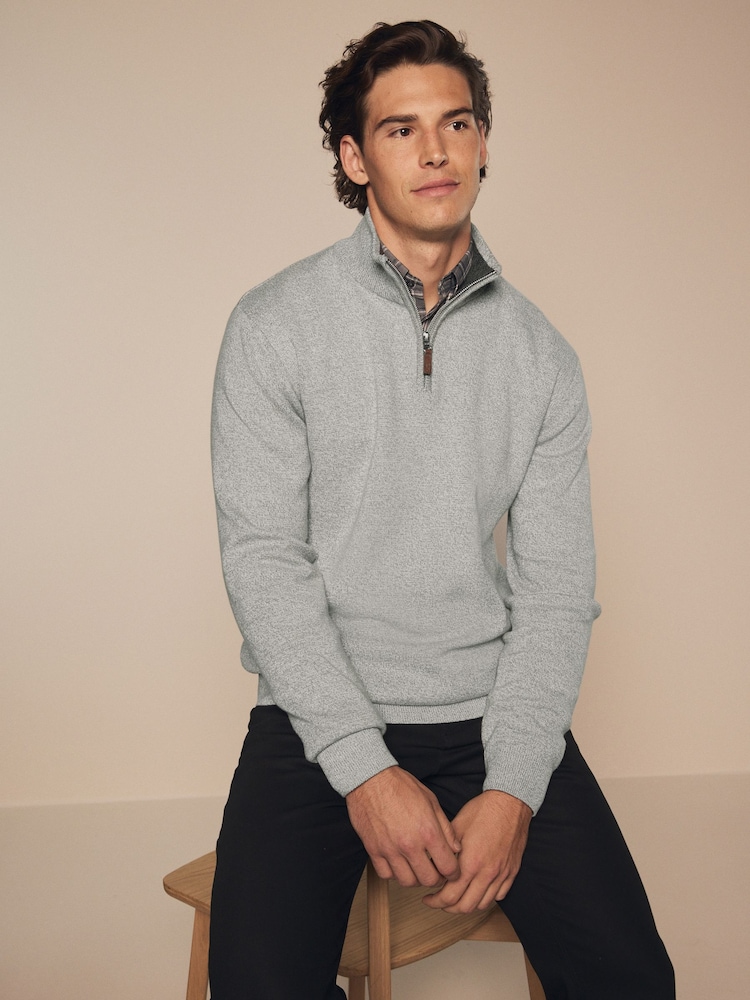 Light Grey Plain Regular Fit 100% Cotton Premium Quarter Zip Jumper - Image 1 of 7