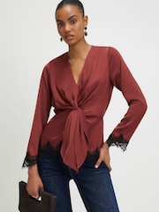 River Island Brown Long Sleeve Knot Front Lace Top - Image 1 of 4