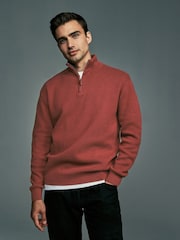 Burnt Clay Red Plain Regular Fit 100% Cotton Premium Quarter Zip Jumper - Image 1 of 7