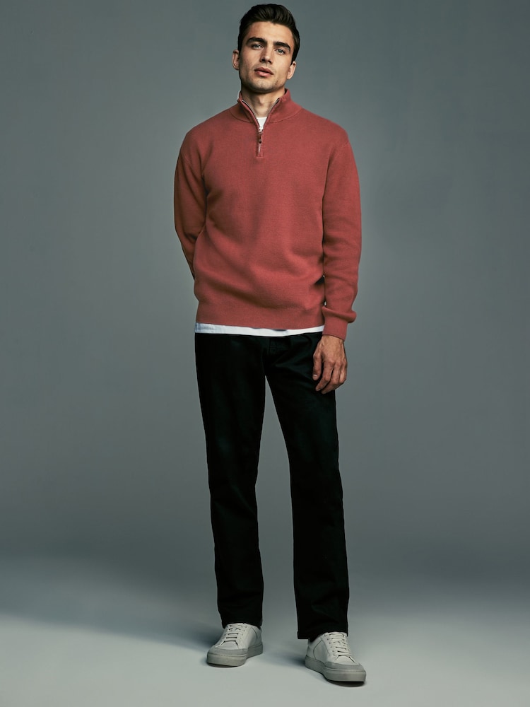 Burnt Clay Red Plain Regular Fit 100% Cotton Premium Quarter Zip Jumper - Image 2 of 7