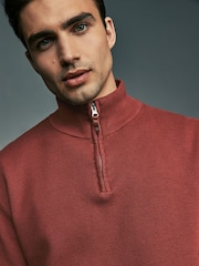 Burnt Clay Red Plain Regular Fit 100% Cotton Premium Quarter Zip Jumper - Image 4 of 7