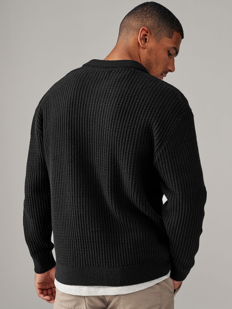 črna - Sproščeno prilegajoča se kvačkana pletena jakna Cotton Rich Crochet Knit Shacket - Slika 2 iz 8