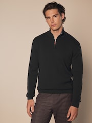 Black Plain Regular Fit 100% Cotton Premium Quarter Zip Jumper - Image 1 of 7