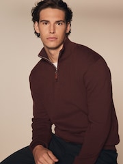 Red/Brown Plain Regular Fit 100% Cotton Premium Quarter Zip Jumper - Image 1 of 8