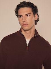 Red/Brown Plain Regular Fit 100% Cotton Premium Quarter Zip Jumper - Image 4 of 8