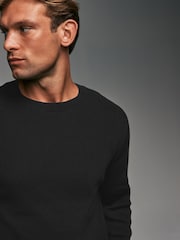 Black 100% Cotton Rib Texture Crew Jumper - Image 1 of 8