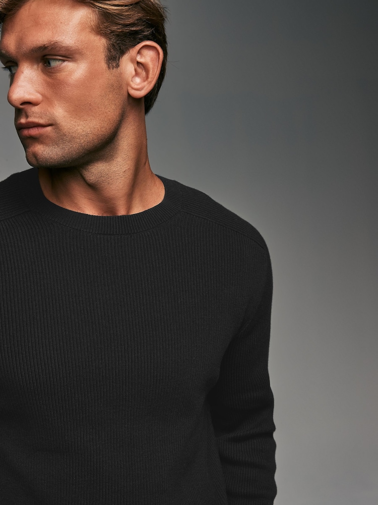 Black 100% Cotton Rib Texture Crew Jumper - Image 1 of 8