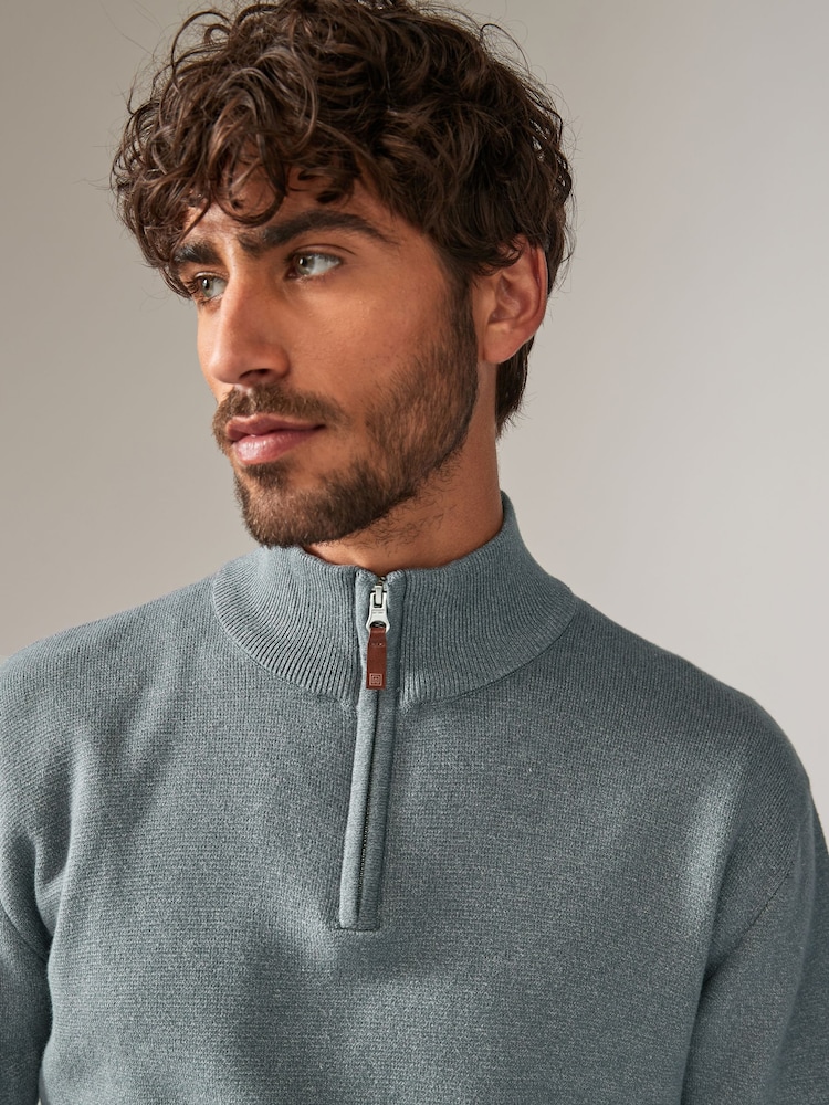 Slate Blue Plain Regular Fit 100% Cotton Premium Quarter Zip Jumper - Image 1 of 7