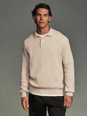Ecru White Regular Ribbed Knit 100% Cotton Polo Shirt - Image 4 of 8