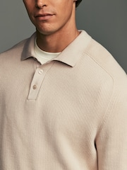 Ecru White Regular Ribbed Knit 100% Cotton Polo Shirt - Image 5 of 8