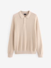 Ecru White Regular Ribbed Knit 100% Cotton Polo Shirt - Image 6 of 8