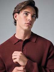 Rust Red/Brown Regular Ribbed Knit 100% Cotton Polo Shirt - Image 1 of 5
