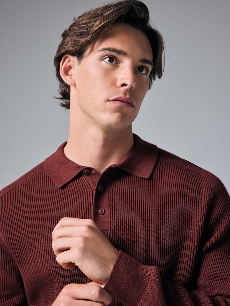 Rust Red/Brown Regular Ribbed Knit 100% Cotton Polo Shirt - Image 1 of 5