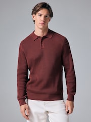 Rust Red/Brown Regular Ribbed Knit 100% Cotton Polo Shirt - Image 2 of 5
