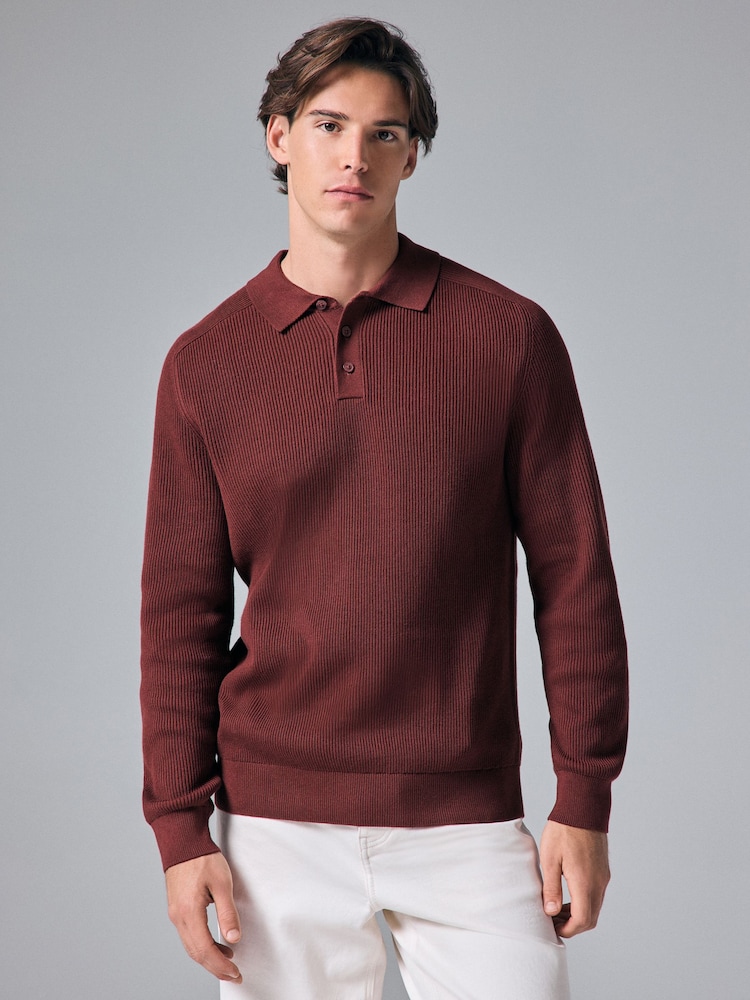 Rust Red/Brown Regular Ribbed Knit 100% Cotton Polo Shirt - Image 2 of 5