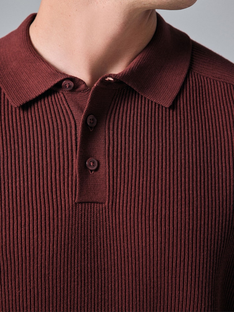 Rust Red/Brown Regular Ribbed Knit 100% Cotton Polo Shirt - Image 5 of 5