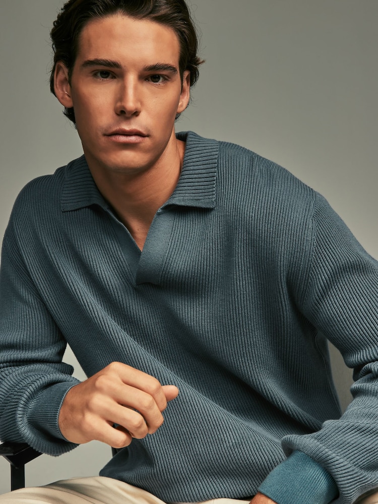 Slate Blue Regular Fit 100% Cotton Rib Texture Polo Neck Jumper - Image 1 of 8 Slate Blue Regular Fit 100% Cotton Rib Texture Polo Neck Jumper - Image 1 of 8