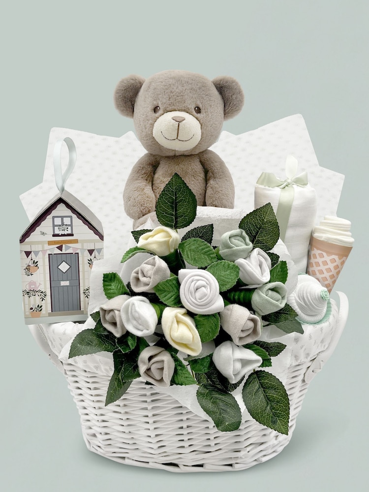 Babyblooms 100% Cotton Frankie Bear's New White Baby Gift Basket - Image 1 of 10