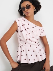 River Island Pink Polka Dot Short Sleeve Drape Peplum Top - Image 1 of 4