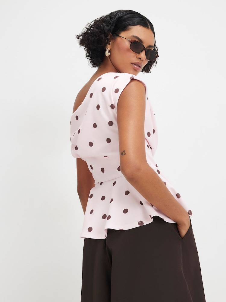 River Island Pink Polka Dot Short Sleeve Drape Peplum Top - Image 2 of 4