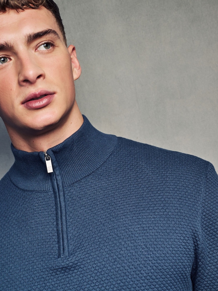 Slate Blue Texture Regular Fit 100% Cotton Premium Quarter Zip Jumper - Image 1 of 7