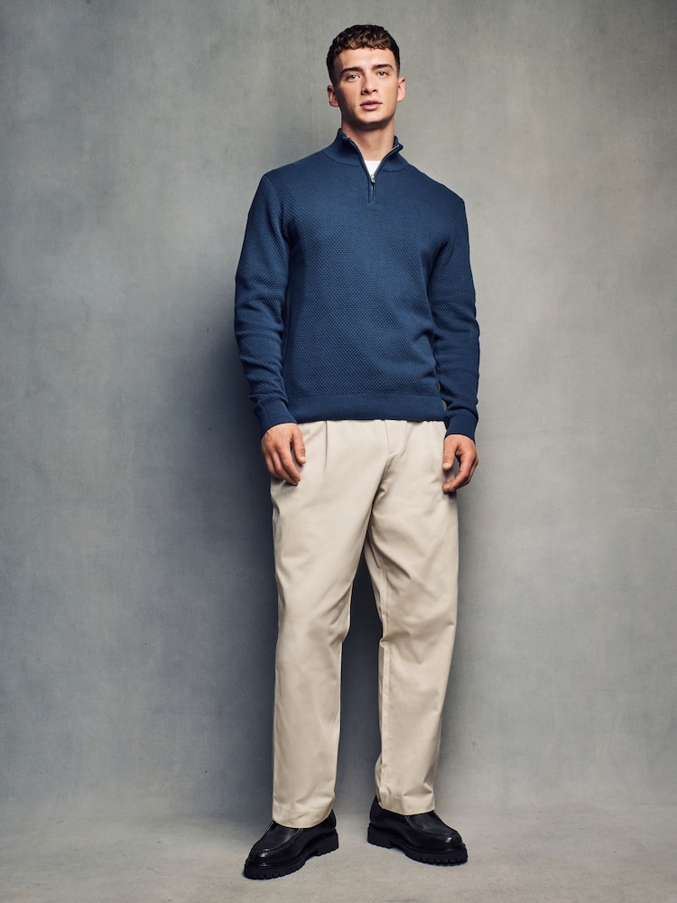 Slate Blue Texture Regular Fit 100% Cotton Premium Quarter Zip Jumper - Image 2 of 7