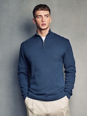 Slate Blue Texture Regular Fit 100% Cotton Premium Quarter Zip Jumper - Image 3 of 7