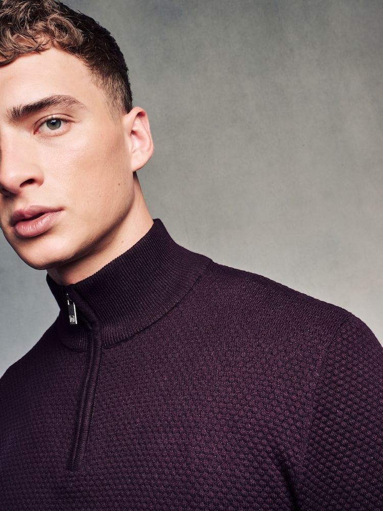 Fig Purple Texture Regular Fit 100% Cotton Premium Quarter Zip Jumper - Image 1 of 7
