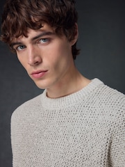 Ecru White Crew Neck Regular Fit Chenille Texture Jumper - Image 1 of 7