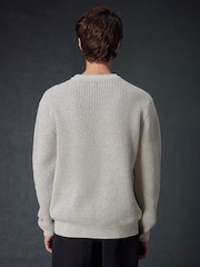 Ecru White Crew Neck Regular Fit Chenille Texture Jumper - Image 3 of 7