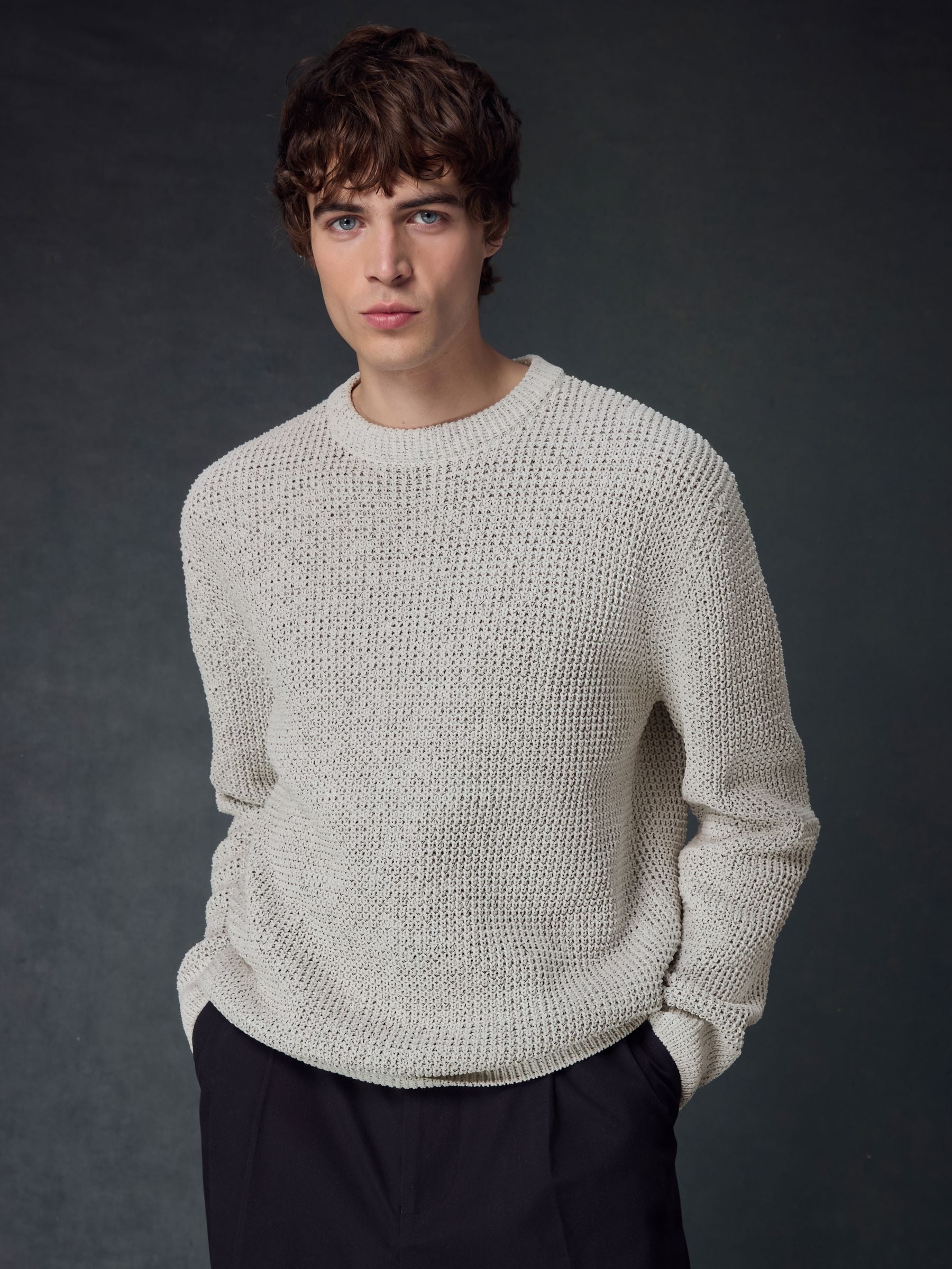 Buy Ecru White Crew Neck Regular Fit Chenille Texture Jumper