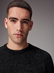 Black Crew Neck Regular Fit Chenille Texture Jumper - Image 1 of 7