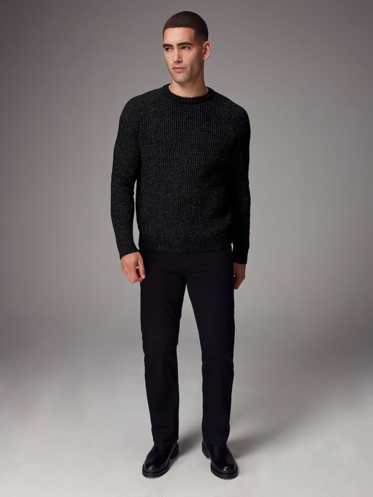 Black Crew Neck Regular Fit Chenille Texture Jumper - Image 2 of 7