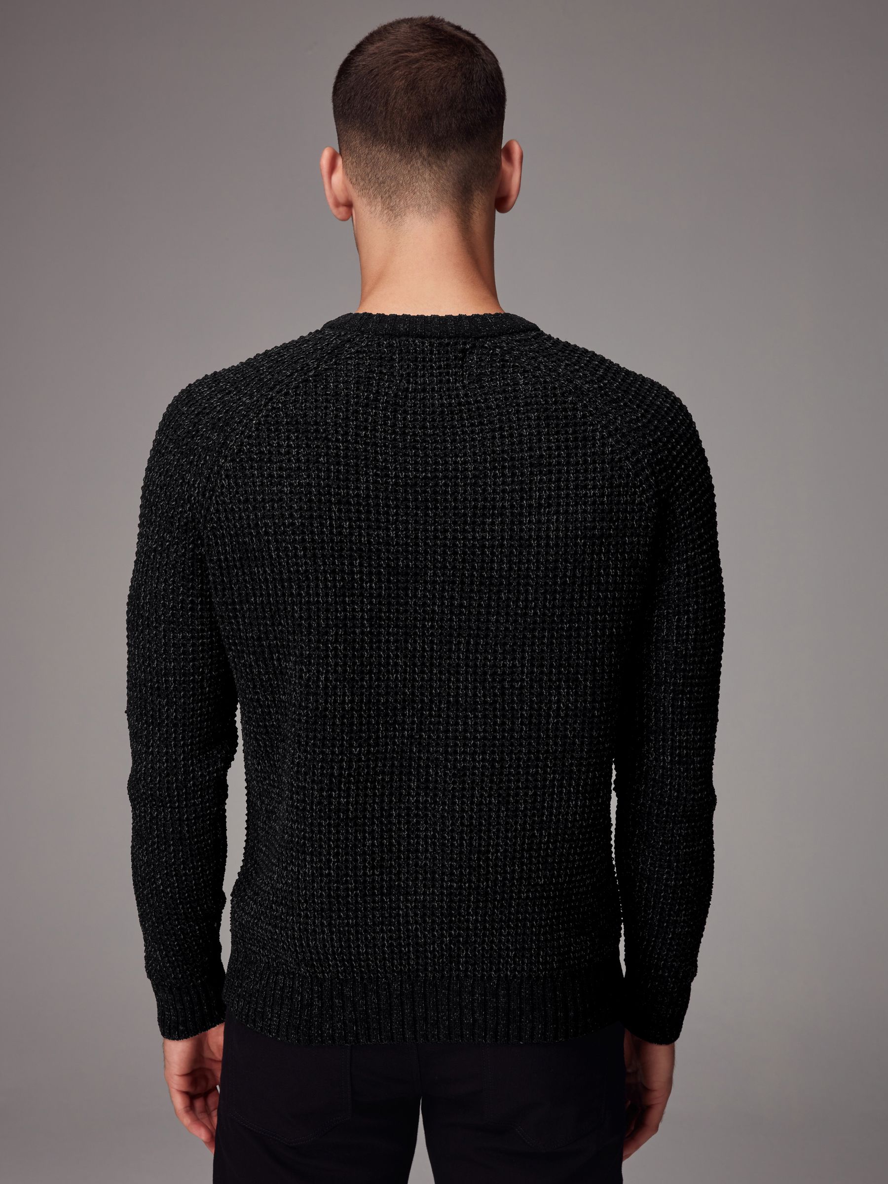 Buy Black Crew Neck Regular Fit Chenille Texture Jumper from