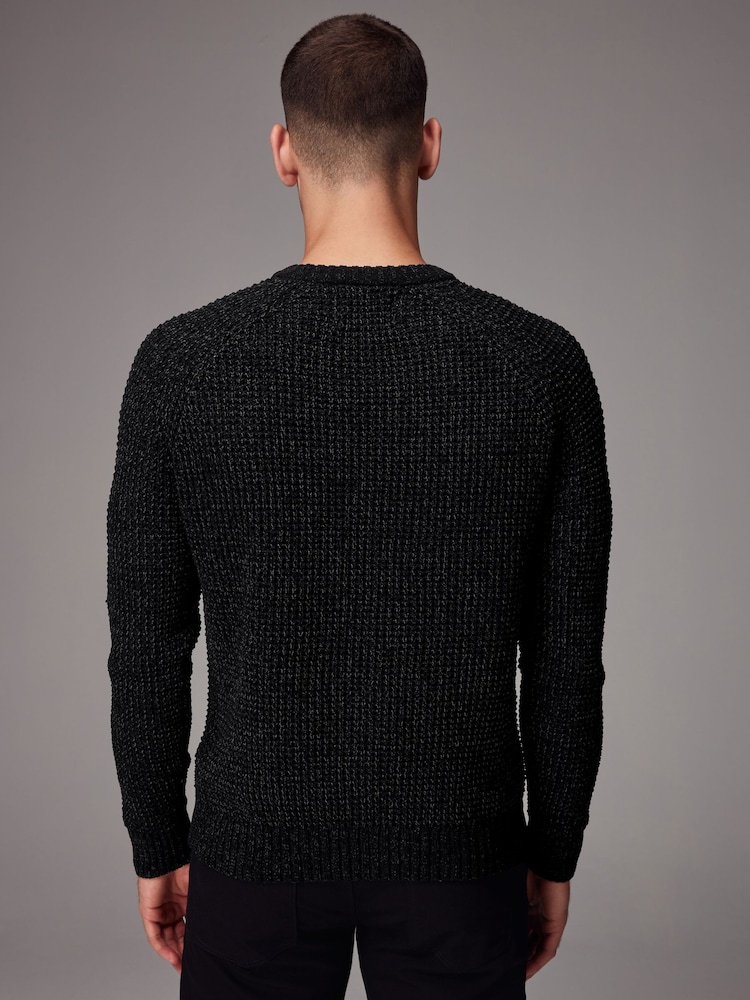 Black Crew Neck Regular Fit Chenille Texture Jumper - Image 4 of 7