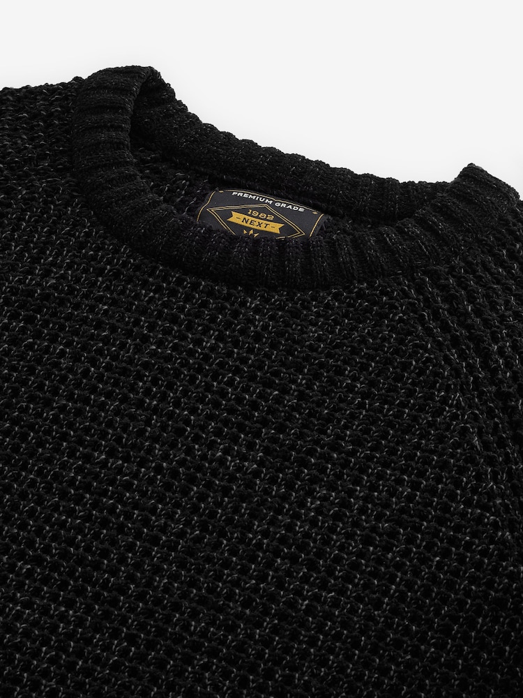 Black Crew Neck Regular Fit Chenille Texture Jumper - Image 6 of 7