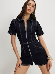 River Island Blue Short Sleeve Denim Collared Playsuit - Image 1 of 4