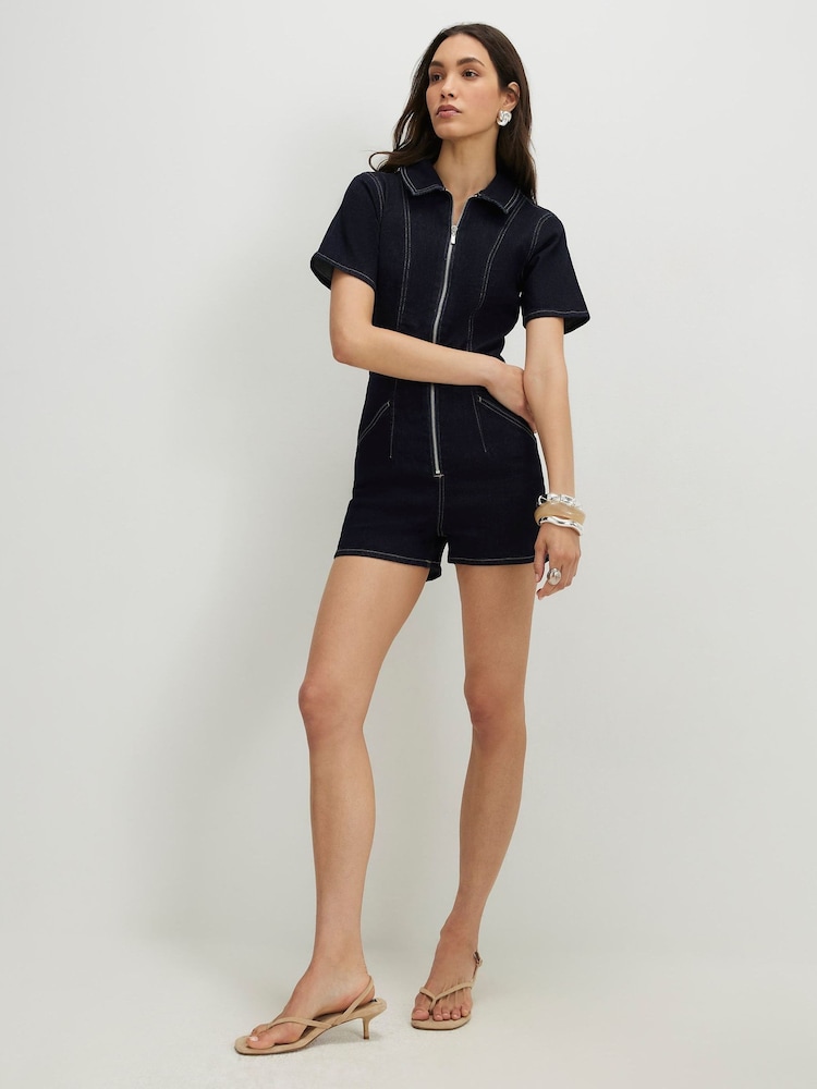 River Island Blue Short Sleeve Denim Collared Playsuit - Image 2 of 4 River Island Blue Short Sleeve Denim Collared Playsuit - Image 2 of 4