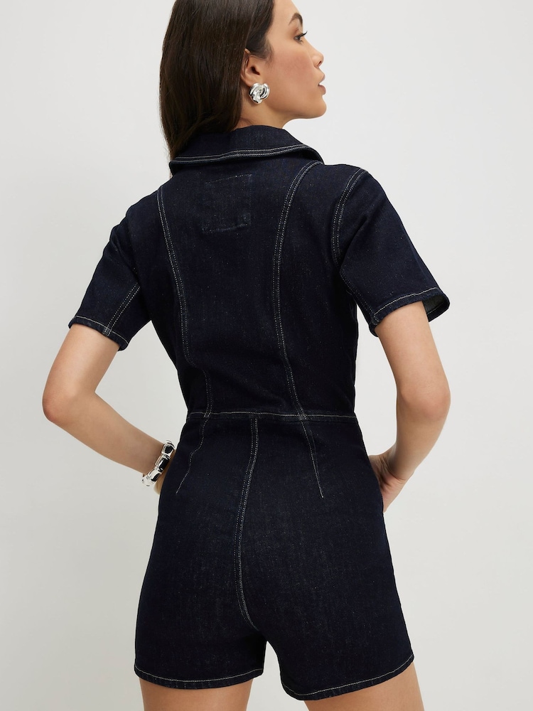 River Island Blue Short Sleeve Denim Collared Playsuit - Image 4 of 4 River Island Blue Short Sleeve Denim Collared Playsuit - Image 4 of 4