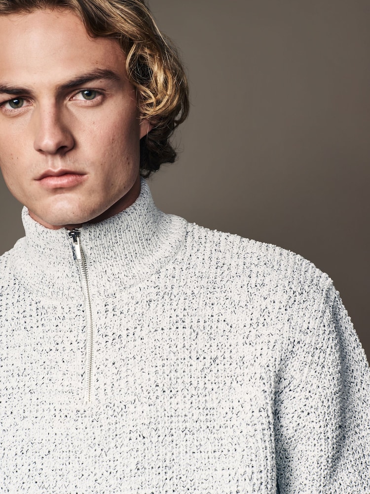 Ecru White Quarter Zip Regular Fit Chenille Texture Jumper - Image 1 of 9